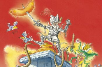 An illustration for our family concert in Sheffield for SCMF 2024, Sir Scallywag and the Battle of Stinky Bottom. Sir Scallywag is in armour, holding a sword skewering a sausage.